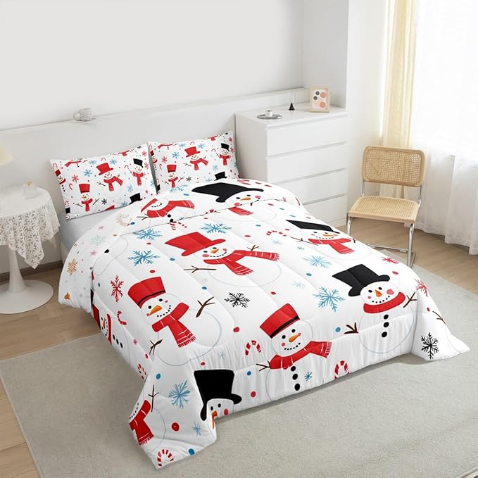 Feelyou Merry Christmas Comforter Set All Season Snowman Bedding Set with 2 Pillow Cases Winter Holiday Microfiber Kids King Bedclothes New Year Gift Bedroom Decor Duvet Quilt Soft Lightweight