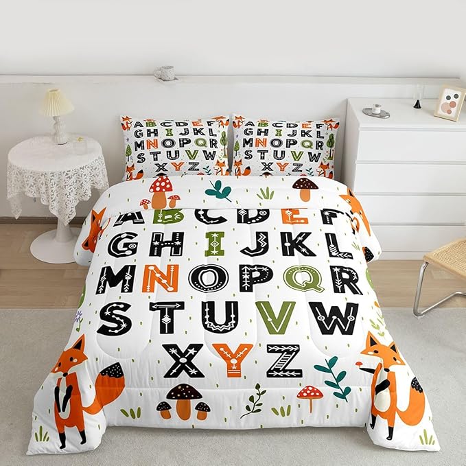Feelyou Educational Nursery Art Comforter Set King Size Alphabet Kids ABC Learning Bedding Set for Kids Boys Girls Cute Fox Duvet Quilt Woodland Animals Bedroom Decor 3 Pcs with 2 Pillow Cases