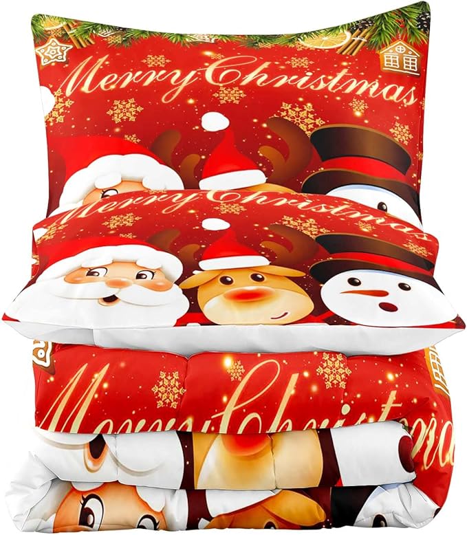 LUVIVIHOME 2PCS Merry Christmas Comforter Set Twin Size, Reindeer Snowman Santa Claus Bedding, Holiday New Year Cute Christmas Bedroom Decor for Kids Boys Girls Teens, Xmas Gifts, 1 Pillow Case