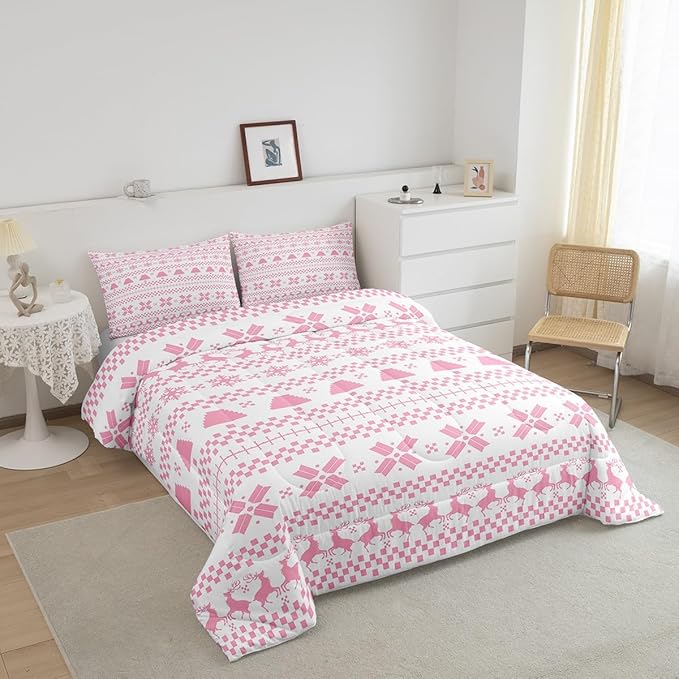 Feelyou Christmas Bedding Set for Kids Boys Girls Full Size Xmas Deer Elk Decor Comforter Set Ultra Soft Winter Comforter Xmas Snowflake Duvet Quilt Bedroom Decor Christmas Decor Quilt