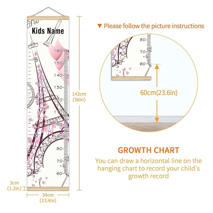 Personalized Kids Name Growth Chart Ruler for Wall Wood Frame Height Measure Chart 13.4x56 in Linen Hanging Height Growth Chart Paris Eiffel Tower Pink Retro Kids Room Decor