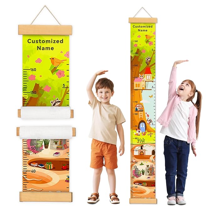 Personalized Name Height Chart for Kids, Kids Growth Chart for Wall, 59" X 7.9" Canvas Removable Height Chart Measuring Ruler for Kids & Baby（Paint Animal Home）