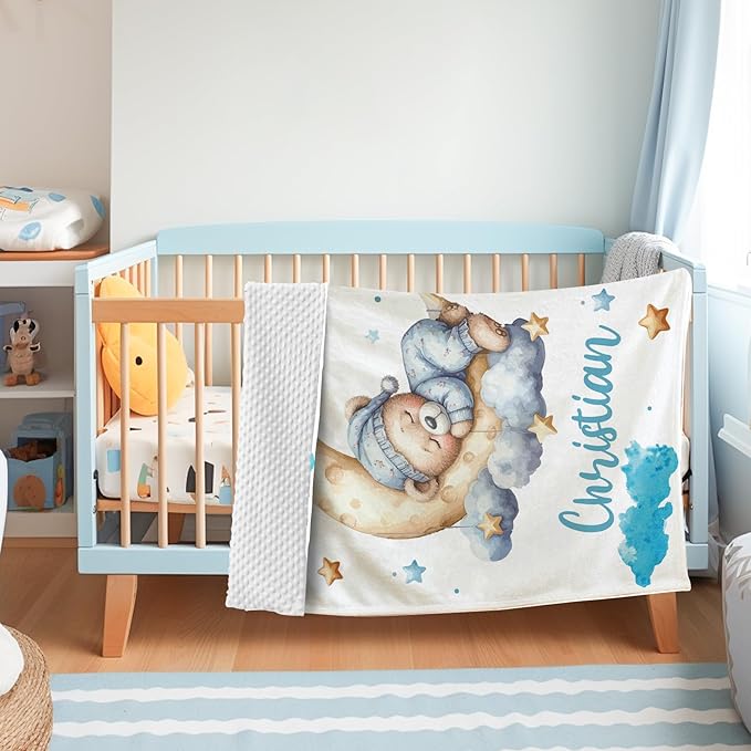 Personalized Baby Blanket with Name, Customized Blanket for Newborn Boys Girls, Sleepy Bear Theme Baby Name Blanket with Dotted Backing, Receiving Swaddle, Baby Shower Birthday Gifts(47" x60)