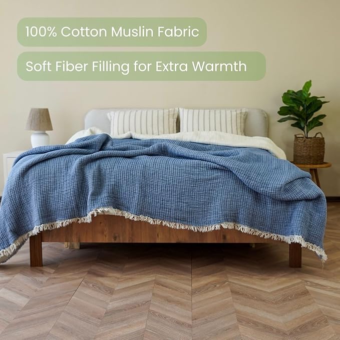 Cotton Muslin Blanket – Soft Muslin Comforter Quilt Made from Premium Muslin Fabric, Lightweight Breathable Cotton Quilt for All Seasons (Dusty Blue, Twin)