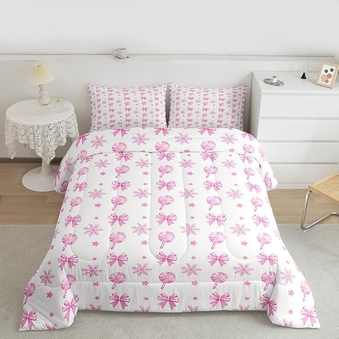 Feelyou Pink Christmas Bedding Set Soft for Boys Girls, Bow Candy Comforter Set Toddler Size Star Snowflake Duvet Quilt Microfiber Bedroom Decor 2 Pcs with 1 Pillow Cases