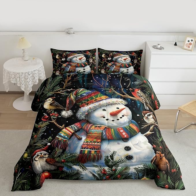 Feelyou Christmas Bedding Set Soft for Boys Girls, Holiday Snowman Birds Comforter Set Full Size Xmas Owl Branch Berry Duvet Quilt Microfiber Snowflake Bedroom Decor 3 Pcs with 2 Pillow Cases