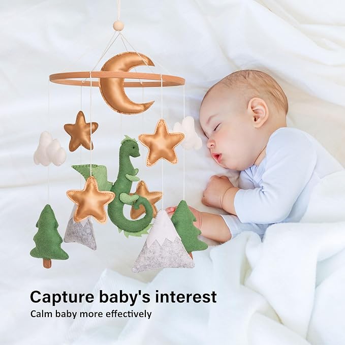 Dragon Baby Mobile, Forest Mobile for Crib, Crib Mobile for Boys and Girls, Nursery Mobile for Bassinet, Pack and Play, Moon, Green Dragon, Cloud, Star, Mountain, Tree