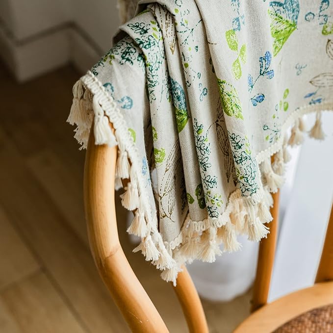 ENJOYBRIDAL Leaf Curtains 84 Inch Length 2 Panels Tassel Boho Semi Sheer Drapes Bedroom Living Room Farmhouse Floral Rustic Country Rod Pocket Cotton Linen Blend Window Curtain Panel