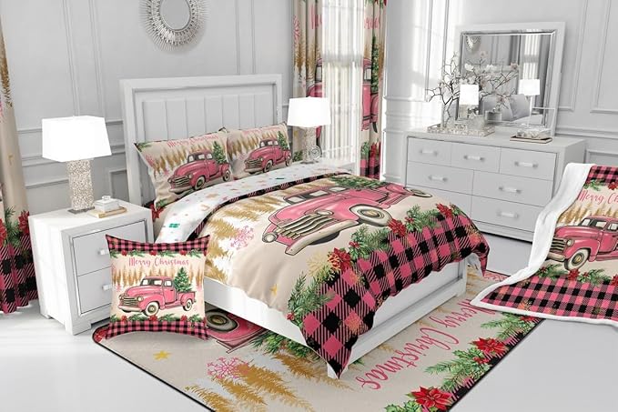 Erosebridal Christmas Comforter Sets Merry Xmas Tree Bedding Sets Twin Red Truck Painting Down Comforter,Lattice Decor Bed Set for Kids Boys Girls Teens Bedroom Decor,Reversible