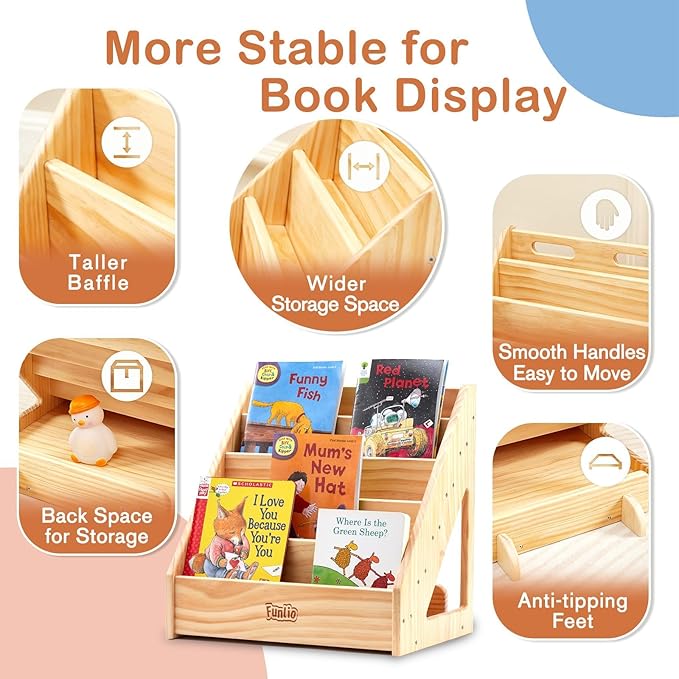 FUNLIO Montessori Bookshelf for Toddlers 1-5 Years, Front-Facing Kids Bookcase with Handle & Anti-Tilting Device, Premium Pine Baby Bookshelf, Children's Bookcase for Nursery/Classroom, CPC Certified