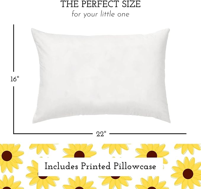 Little Sleepy Head Youth Pillow with Pillowcase 16x22, Soft Jumbo Toddler Pillows, Hypoallergenic Pillow Case - Best Kids Pillows for Sleeping, Perfect Kids Travel Pillows (Sunflowers)