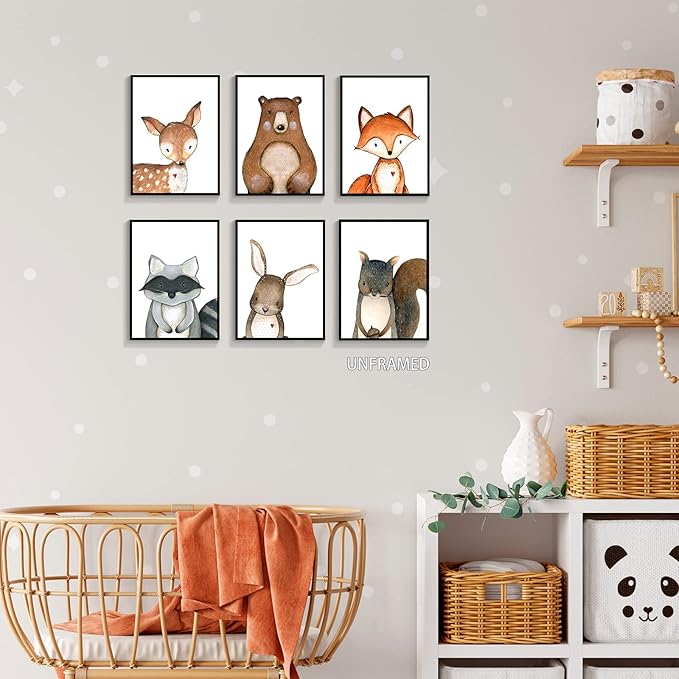 gooptyinh 6 Pieces Woodland Animals Nursery Canvas Wall Art Cute Safari Jungle Animal Deer Bear Bunny Pictures Room Posters Farmhouse Forest Theme Fox Squirrel Raccoon Prints Decor 12x16in Unframed