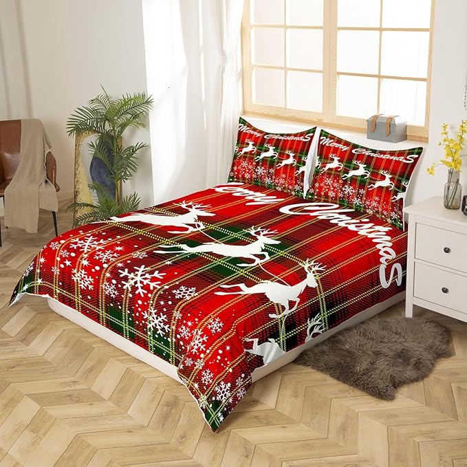 Manfei Christmas Duvet Cover Set Full Size, Deer and Snowflake Print Comforter Cover with 2 Pillowcases, Green Red Plaid Bedding Set 3pcs for Kids Boys Girls Lightweight Bedspread Cover,No Comforter