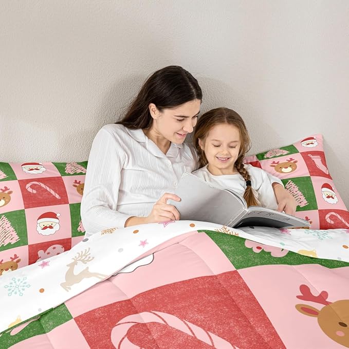 Feelyou Merry Christmas Bedding Set Soft for Boys Girls, Xmas Tree Santa Claus Comforter Set King Size Candy Cane Deer Duvet Quilt Microfiber Patchwork Bedroom Decor 3 Pcs with 2 Pillow Cases