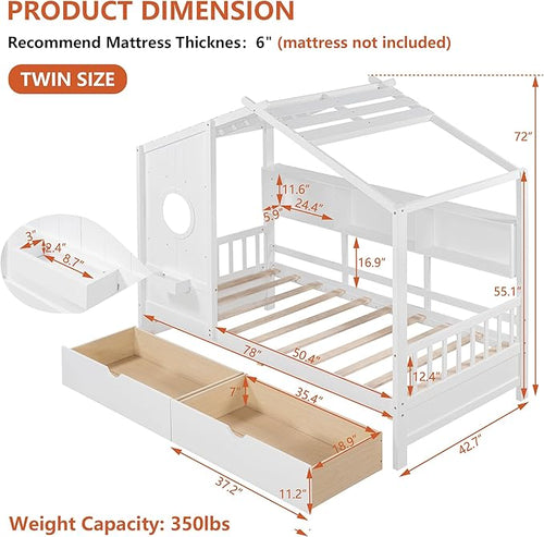 Aoowow Twin Size House Bed with Storage Shelves and Drawers, Wood Platform Kids House Bed with Window and Roof for Bedroom, Twin Playhouse Bed Frames for Boys Girls, Can be Decorated, White