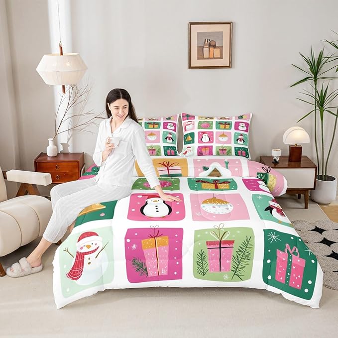 Feelyou Happy New Year Bedding Set Soft for Boys Girls, Christmas Decor Comforter Set Twin Size Merry Christmas Duvet Quilt Microfiber Winter Penguin Bedroom Decor 2 Pcs with 1 Pillow Cases
