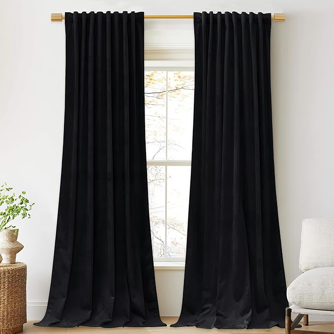 StangH Black Theater Curtains 132 inches Long High Ceiling Tall Blackout Curtains Back Tab Thermal Insulated Window Door Drapes for Living Room Office, W52 x L132, 2 Panels