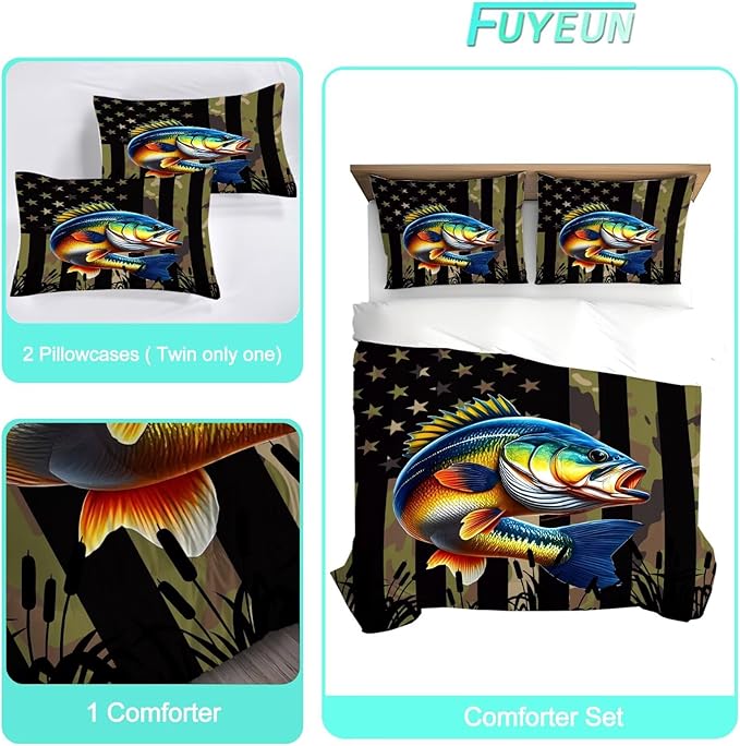 Bass Fish Comforter Set King Size American Flag Bedding Set for Men Boys Teens Green Fishing Lover Bedroom Camouflage Farmhouse Bed Set Wild Quilted, 1 Comforter 2 Pillowcases