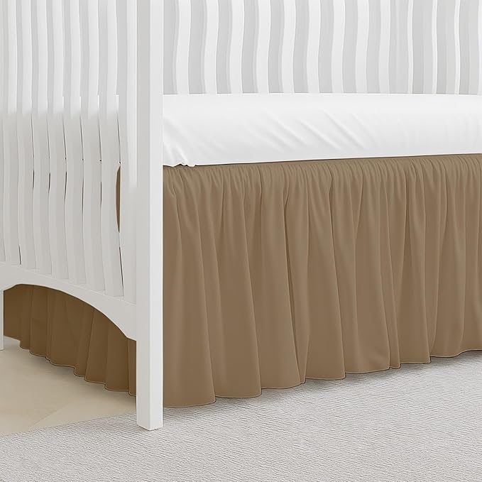 Crib Bed Skirt Dust Ruffle with Split Corners, 100% Cotton, Taupe Nursery Crib Skirt for Baby Boys or Girls, 28x52, 14" Drop, Toddler Bed Skirt, Baby Bedding, Crib Sheet Skirt, Soft & Breathable