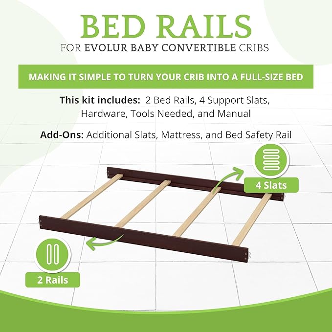 Full-Size Conversion Kit Bed Rails for Evolur Cribs - Solid Wood Crib Convertible Kit to Kids Bed - Transitional Style Rails & Easy-to-Install Child Essentials for Safety (Dark Chocolate)