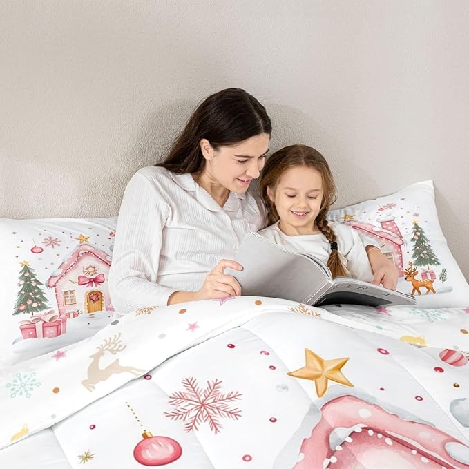 Feelyou Gingerbread House Bedding Set Soft for Boys Girls, Christmas Tree Comforter Set Toddler Size Reindeer Duvet Quilt Microfiber Snowflake Bedroom Decor Holiday Scene 2 Pcs with 1 Pillow Cases