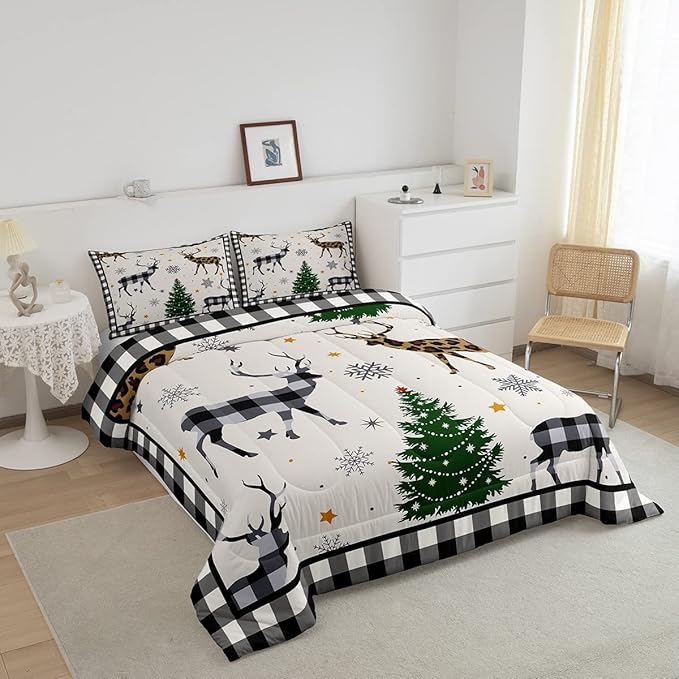 Kids Deer Silhouette Comforter Set Twin Size,Snowflake Pine Trees Bedding,Girls Boys Adults Bedroom/Xmas Cabin Decor,Geometric Grids Plaid Down Comforter,Rustic Farmhouse Duvet Insert,1 Pillowcase