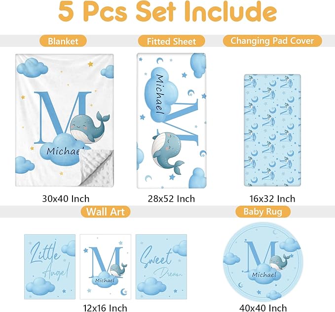 Personalized Crib Bedding Set, 5 Pcs Custom Nursery Bedding Sets with Name, Infant Bedding Set for Baby Boys Girls, Blue Dolphin Double Layer Baby Crib Set, Babies Toddlers Kids Customized Gift
