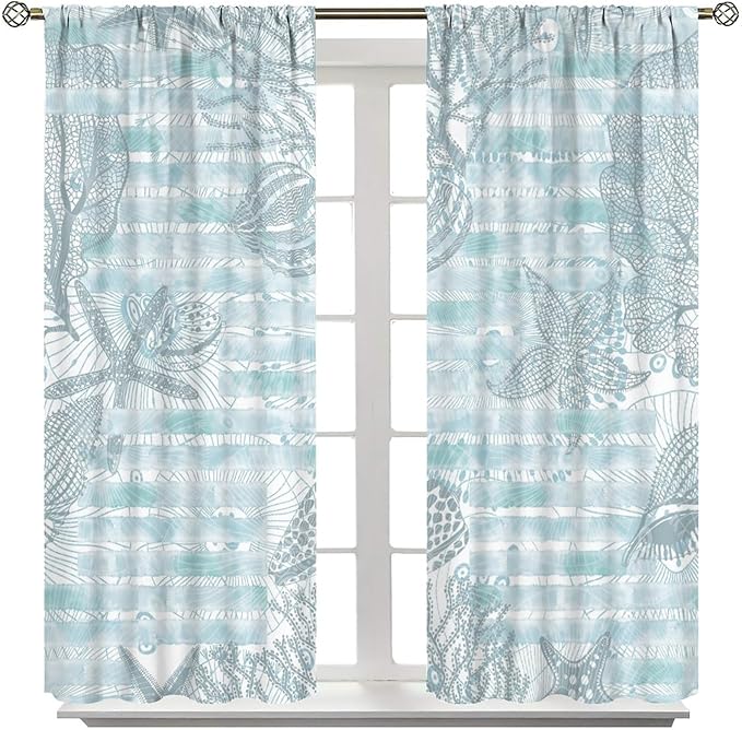Starfish Curtains，Starfish and Seashells Coastal Curtain Ocean Themed Underwater Marine Decor Waterproof Fabric Curtain Set 2 Panels,63x63 Inches