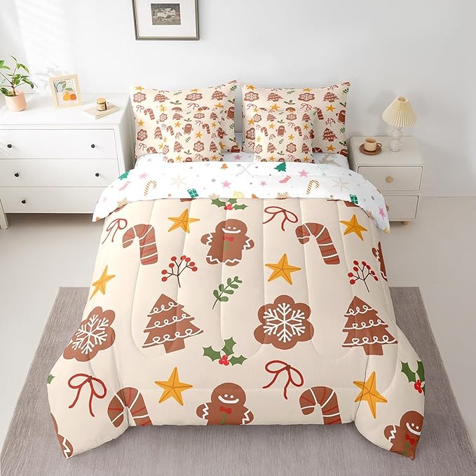 Merry Christmas Kids Bedding Set Xmas Theme Comforter Set with Sheets for Boys Girls Cartoon Gingerbread Man Christmas Tree Decor Bed in a Bag Brown Bed Set 7Pcs Queen Size