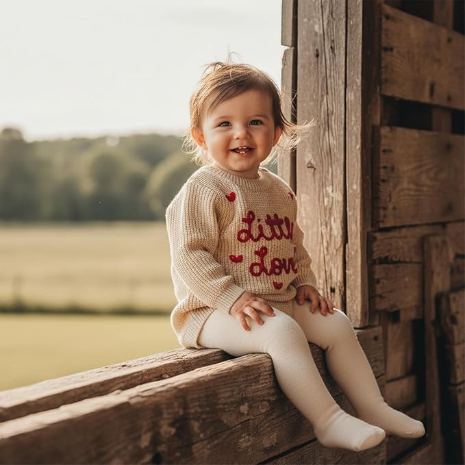 Lesimsam Newborn Baby Boy Girl Valentines Day Outfit Oversized Embroidery Long Sleeve Knit Sweater Bubble Romper Bodysuit