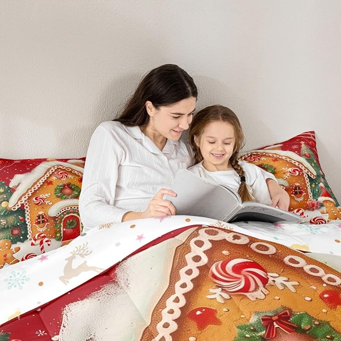 jejeloiu Kids Christmas Theme Comforter Set Queen Size Xmas Tree Gingerbread Man Bedding Set for Boys Girls Teens Candy Cane House Winter Happy New Year Duvet Quilt Room Decor