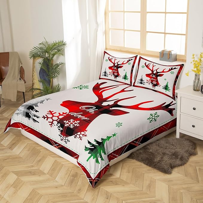 Manfei Xmas Deer Duvet Cover Set Full Size, Christmas Tree Snowflake Print Comforter Cover with 2 Pillowcases, New Year Theme Bedding Set 3pcs for Kids Boys Girls Bedroom Decor,No Comforter