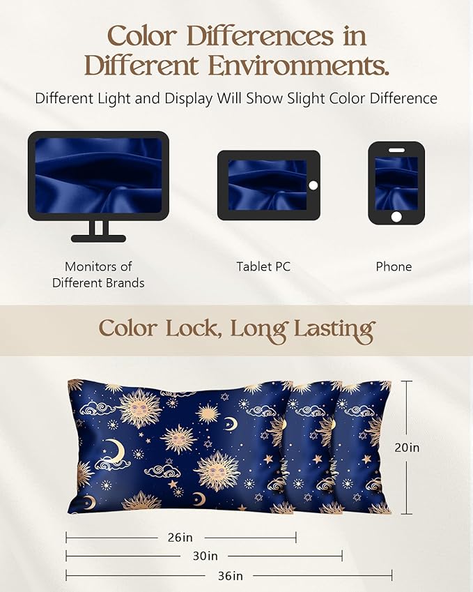 Silk Pillowcase 2 Pack - Pillow Cases 20" x 30" Queen Size Set of 2 for Hair and Skin Smooth Soft Breathable with Hidden Zipper Cooling Pillow Covers for Sleeping,Sun Moon Sign