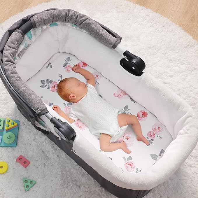 PHF 3 Pack Soft Bassinet Sheets, Rose Floral Breathable Comfy Cradle Sheets for Baby Girls, No Slip Universal Fit for Most Cradle and Bassinet Mattress, Rose Floral
