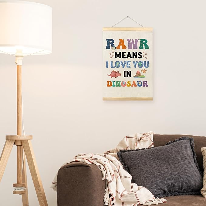 TLESKE Dinosaur Poster Hanger Frame for Boy Kids Room Bedroom Nursery Playroom, Raw Means I Love You Hanging Wall Art Decor Framed for Baby Boy, Dinosaur Wall Prints Picture Artwork Banner, 12x16