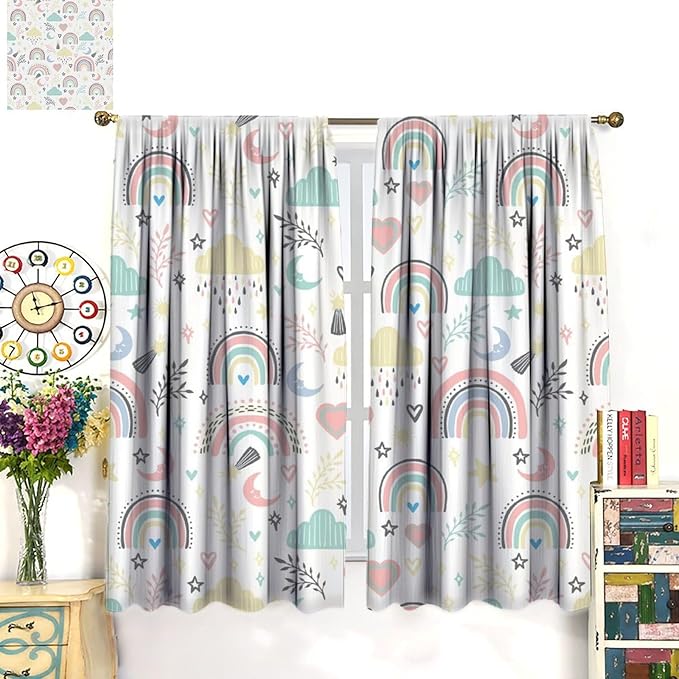 Boho Rainbow Curtains for Kids Nursery Colorful Floral Sun Star Clouds Pastel Bohemian Pattern Print Window Drapes for Girl Bedroom Living Room Kitchen Decor,2 Panel Set,55Wx63H Inch Blackout