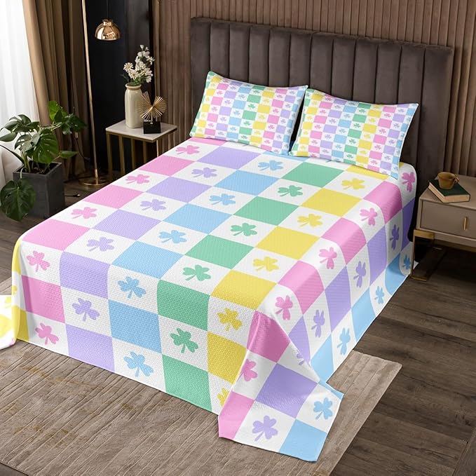 Manfei Lucky Clover Kids Bedspread King Size,Colorful Geometric Checkered Grids Coverlet Set,Girls Women Room Decor,Four Leaf St. Patrick's Day Quilted Coverlet,Kawaii Bedding Quilt,2 Pillowcases