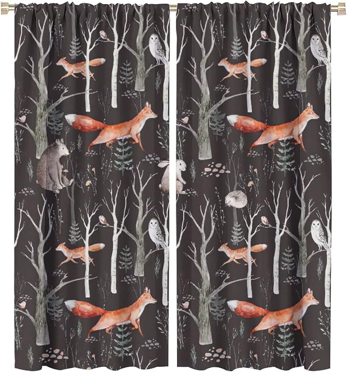 Rustic Forest Curtain, Woodland Country Hunting Animal Deer Fox Wildlife Bear Farmhouse Lodge Cabin Blackout Rod Pocket Windows Door Curtain for Bedroom Living Room Home Decor 42x54in