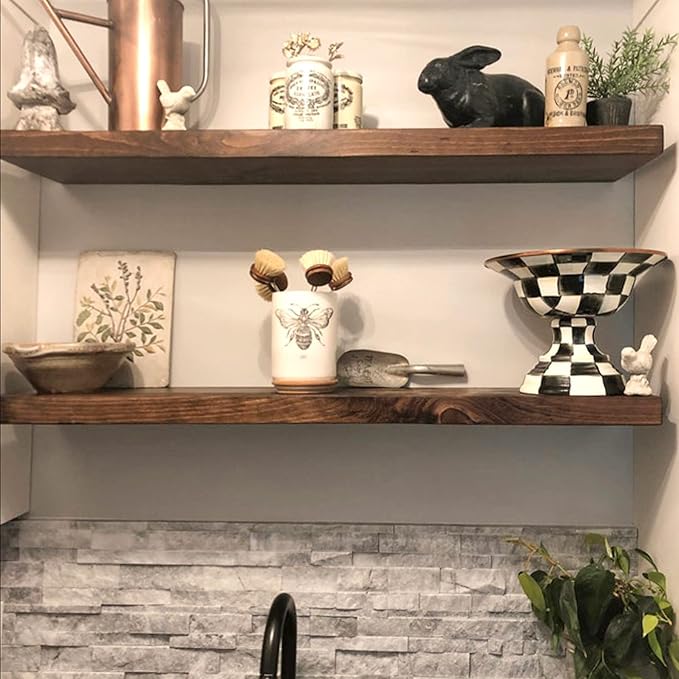 URBANDI, Rustic Floating Shelves, Set of 2, Hidden Bracket, Solid Wood, Heavy Duty, Wall Mounted Shelves, (Provincial, 48Wx8D)