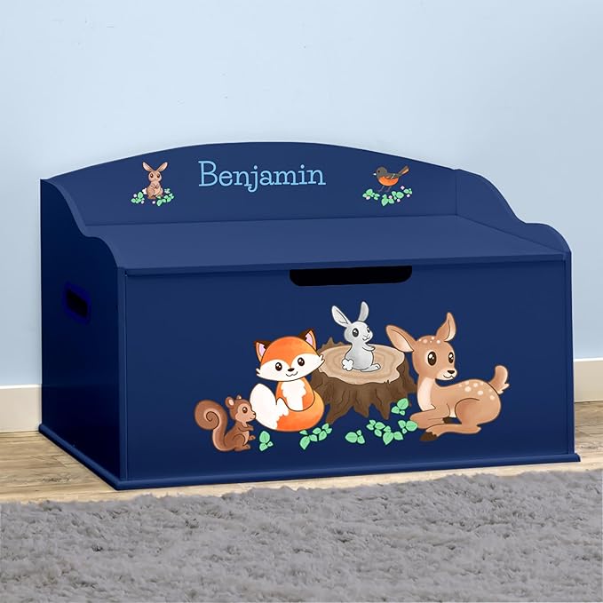 DIBSIES Personalized Creative Wonders Toy Box, Woodland Creatures, 30 x 19.25 x 18 inches, Soft-Close Lid (Blue)