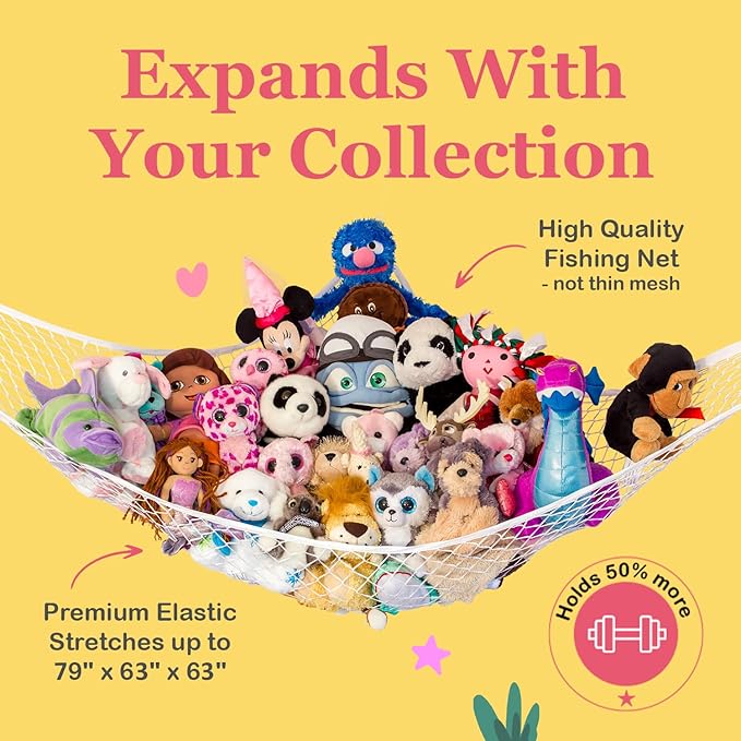 Lilly's Love Large Stuffed Animal Hammock | Corner Hanging Organizer, Stuffed Animal Storage | Easy to Hang Plushie Net w/Included Anchors & Hooks | Cute Room & Bedroom Decor (Pink)