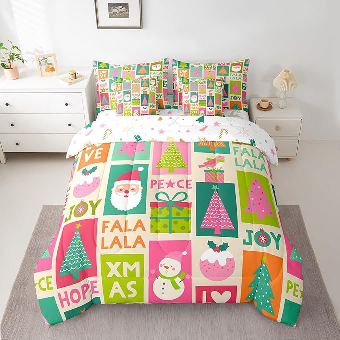 Feelyou Christmas Bed Set Snowman Christmas Tree Print Kawaii Comforter Set with Sheets Xmas Santa Claus Bed in a Bag for Kids Girls New Year Theme Bedding Set Bedroom Collection King Size