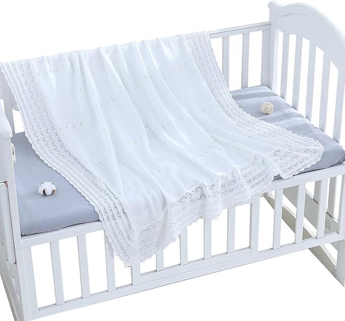 Booulfi Baby Blanket White Receiving Blanket Baptism Christening Towel for Newborn Girls Boys, White Cotton Knit Thermal Baby Blanket Shawl with Cross Pattern, 47”x47”