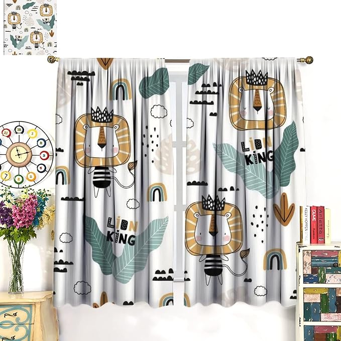 Cartoon Little Lion King Window Curtains for Baby Child,Cute Funny Forest Animals,Tropical Jungle Leaves Wildlife Boho Rainbow Print Blackout Drapes for Nursery Boys Girls Kids Bedroom 72x63in