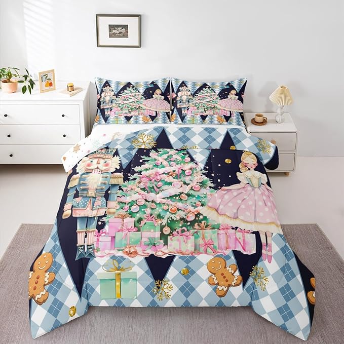 jejeloiu Christmas Nutcracker Comforter Set Full Size Gingerbread Man Bedding Set for Kids Boys Girls Xmas Tree Duvet Quilt Dark Blue Bedroom Decor
