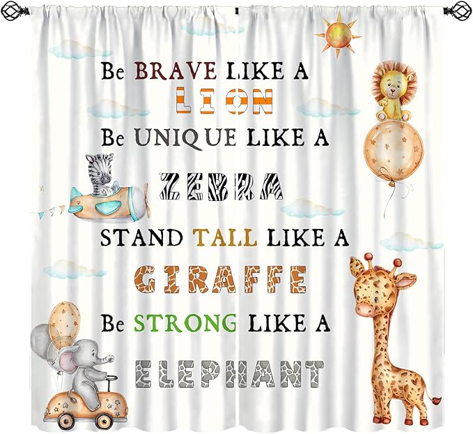 Cartoon Animals Curtains, Cute Jungle Animal Zebra Elephant Lion Giraffe Blackout Window Treatments, Rod Pocket Thermal Insulated Drapes 2 Panel Sets for Kids Bedroom Nursery Classroom, 42"W X 54"L
