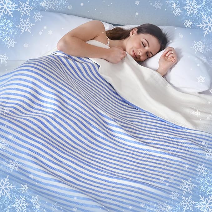 KAWAHOME 3D Air Mesh Cooling Lightweight Summer Blanket Twin Size for Hot Sleepers, Double-Layer Rayon Material and Breathable Stretchy Blankets for Bed, Couch, 66x90 inches, Blue Striped
