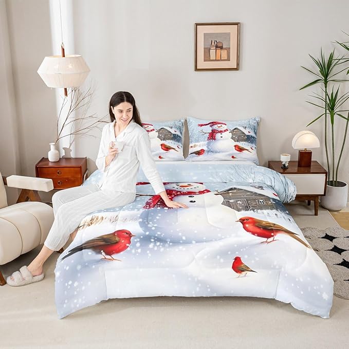 Feelyou Merry Christmas Comforter Set All Season Cute Snowman Bedding Set with 2 Pillow Cases Snowflake Microfiber Kids Queen Bedclothes Winter Bedroom Decor Duvet Quilt Breathable Soft Lightweight
