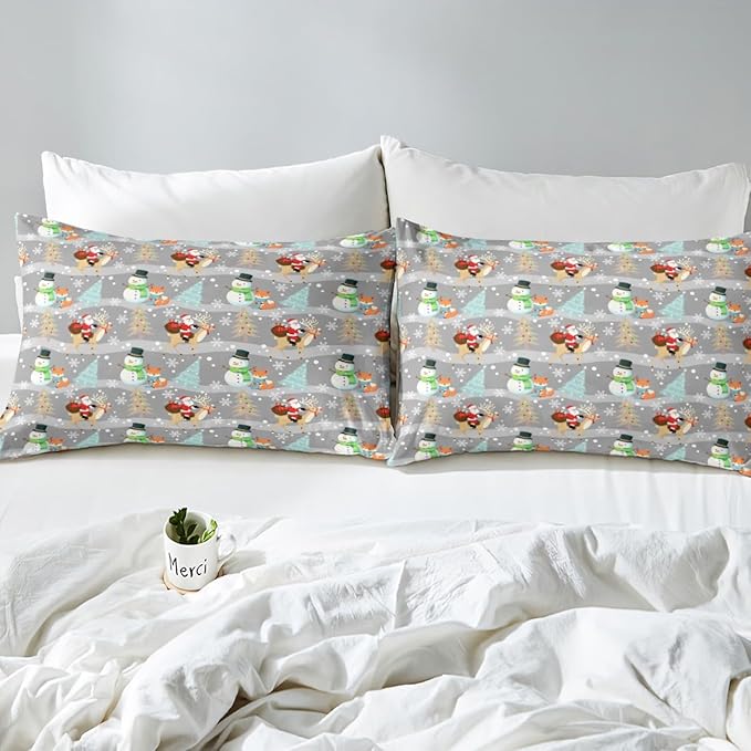 Christmas Duvet Cover Set Twin Size, Xmas Trees Snowman Santa Claus Comforter Cover with 1 Pillowcase, Winter Snowflake Grey Stripes Bedding Set for Kids Girls New Year Bedspread Cover,No Comforter