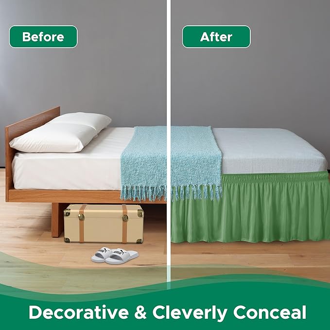Biscaynebay Wrap Around Bed Skirts for King & Cal King Beds 17" Long Drop, Sage Adjustable Elastic Dust Ruffles Easy Fit Wrinkle Resistant Silky Luxurious Fabric Machine Washable